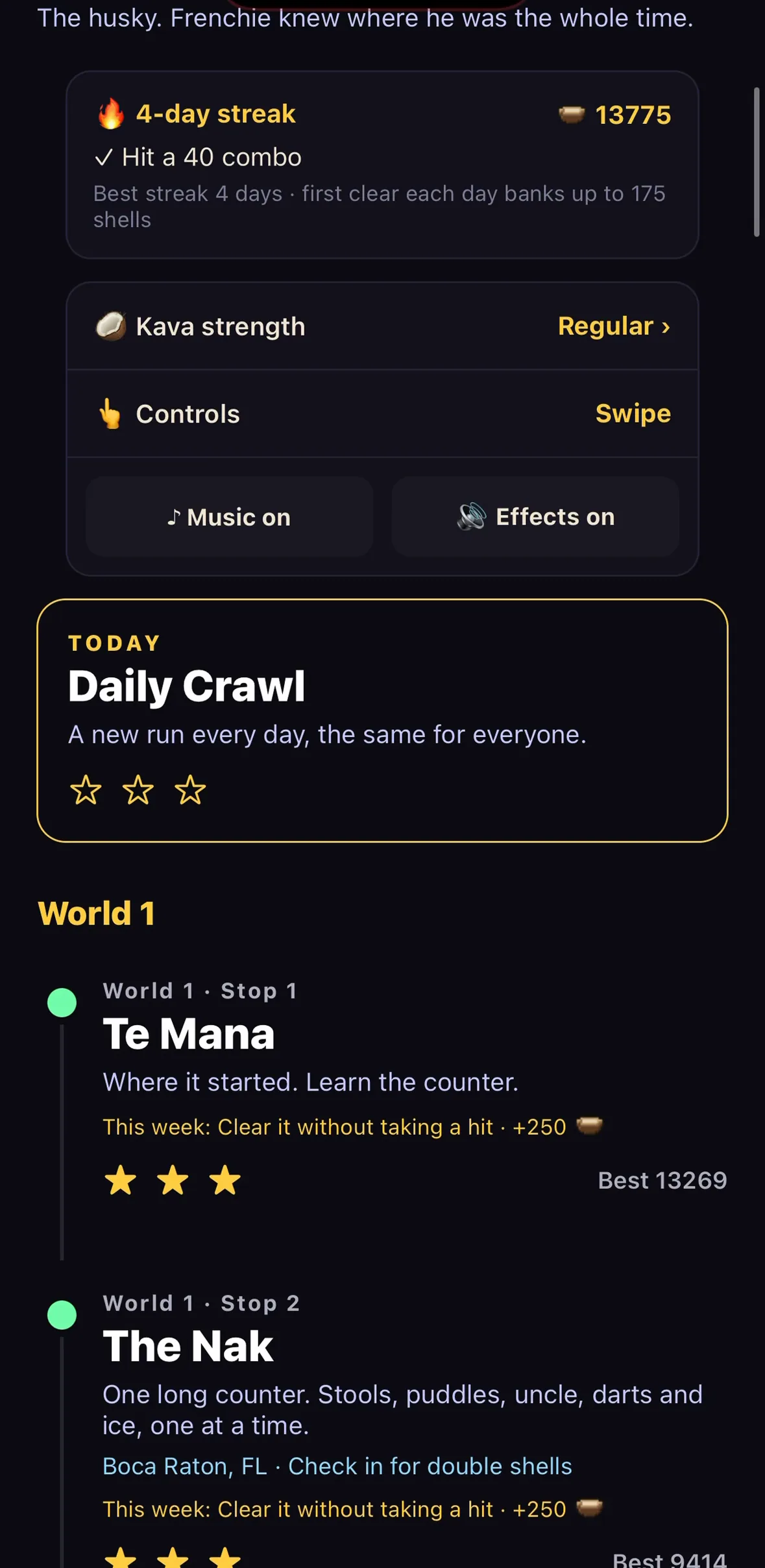 World 1 on the map, with this week's challenge at Te Mana and The Nak