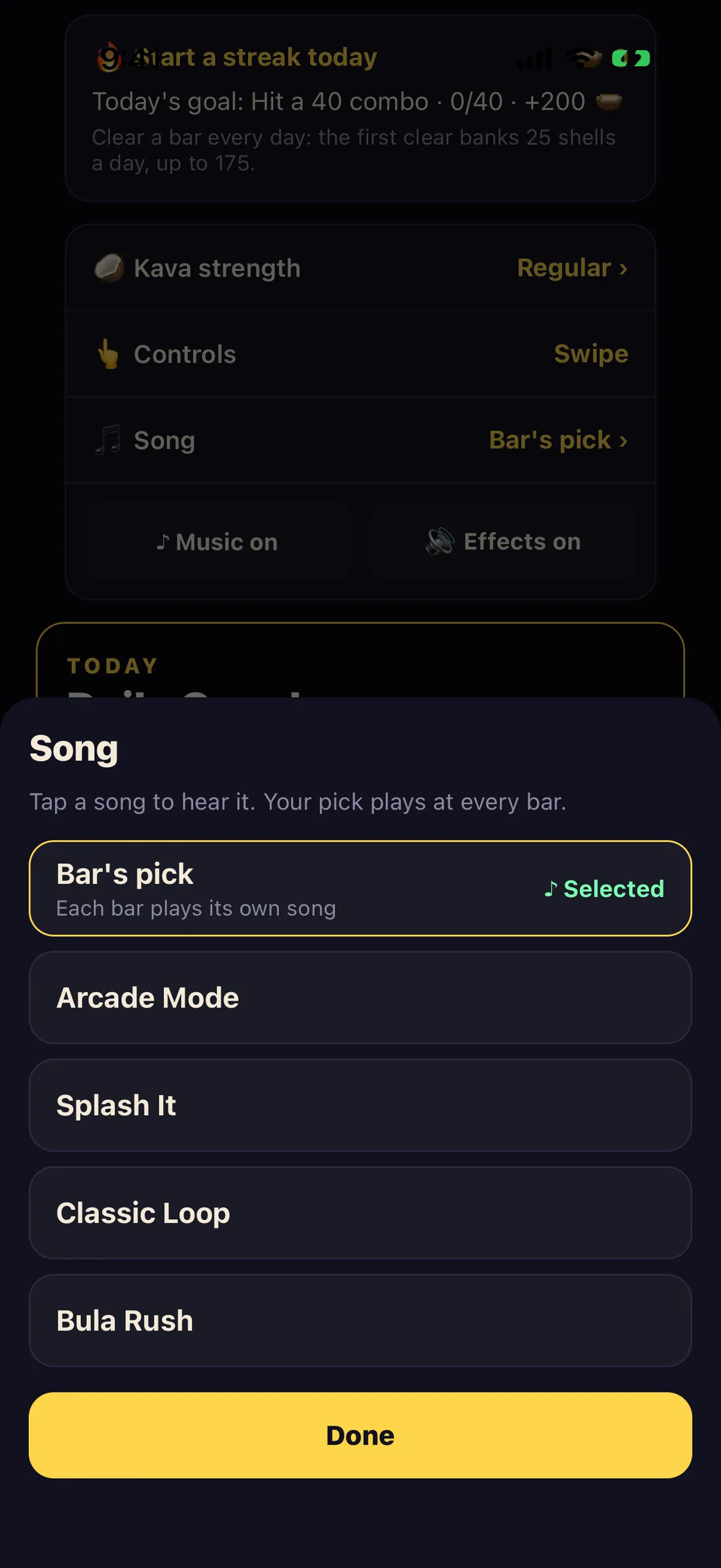 The BULA RUSH song picker with Bar's pick selected