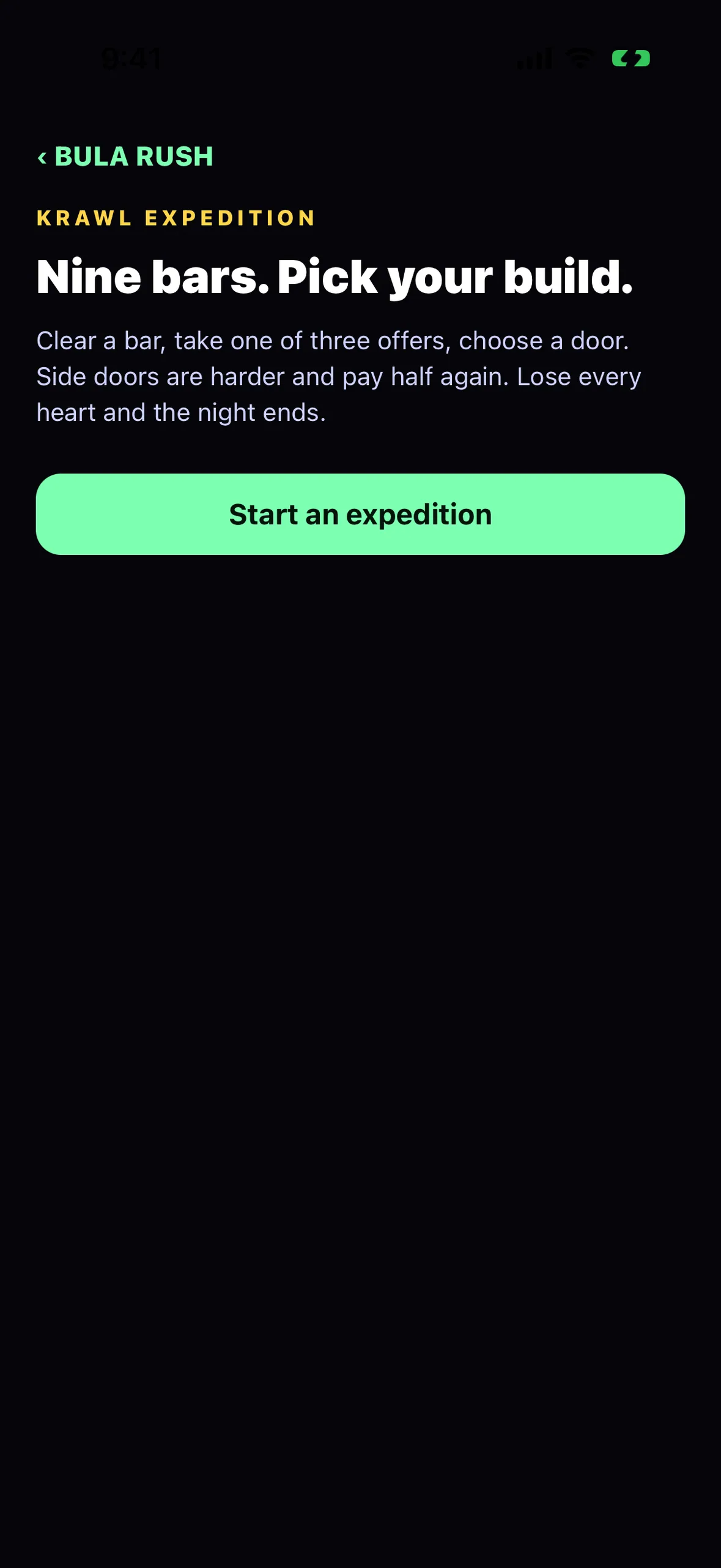 The Krawl Expedition screen explaining the nine-bar run