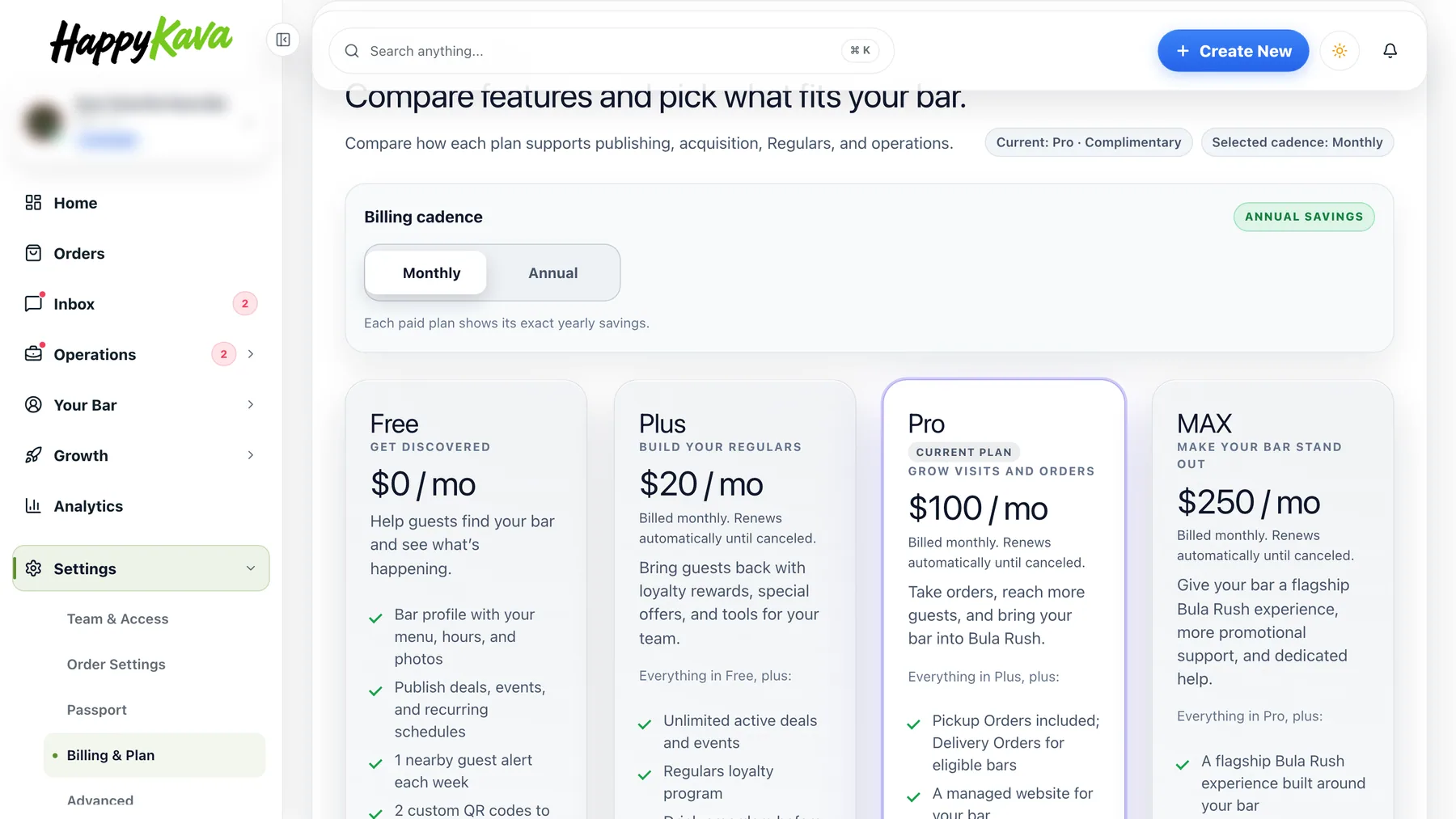Plan cards on Billing &amp; Plan with the Monthly and Annual toggle