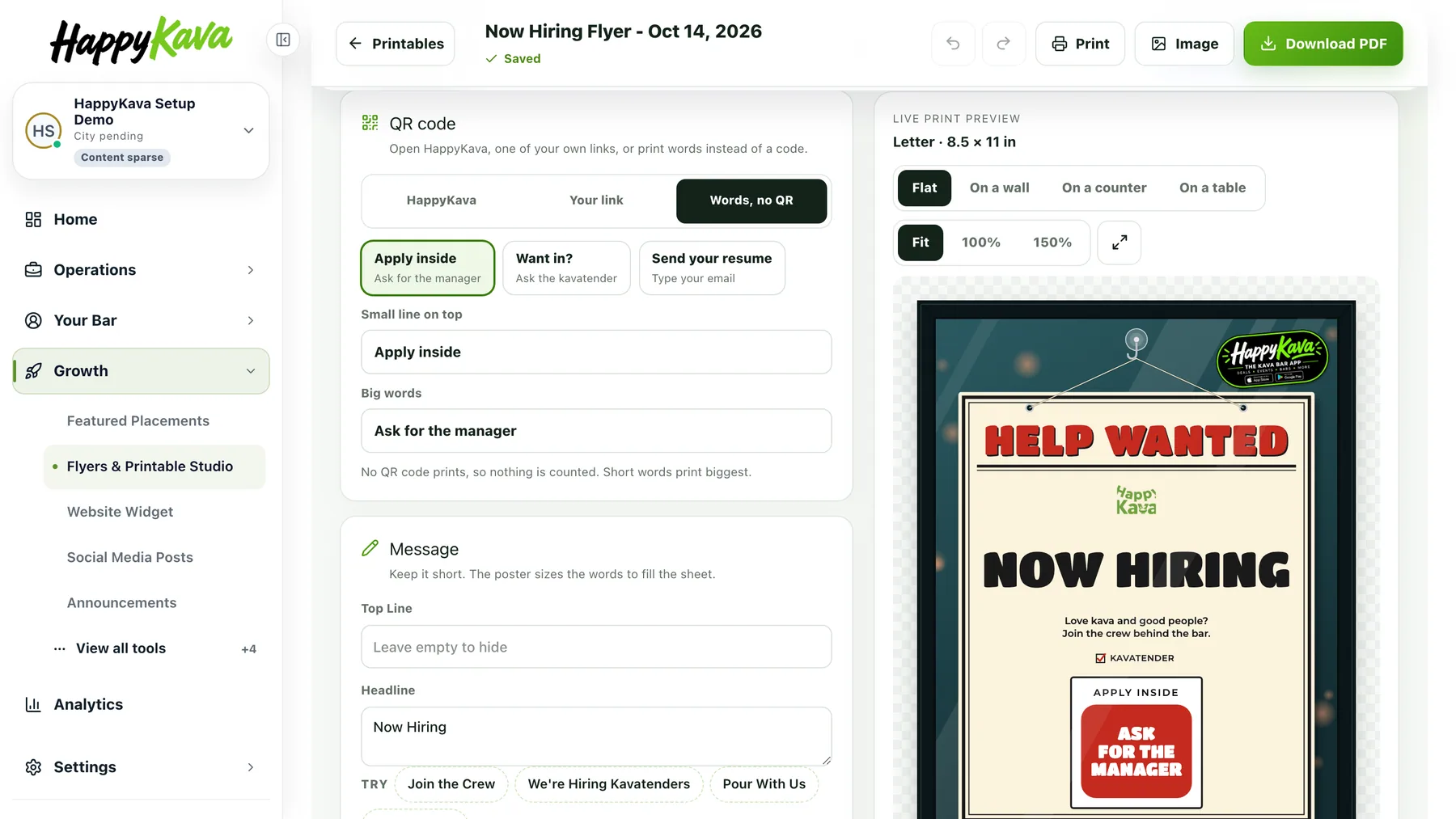 Words, no QR: Apply inside over Ask for the manager, printed as a big red button on the Help Wanted poster