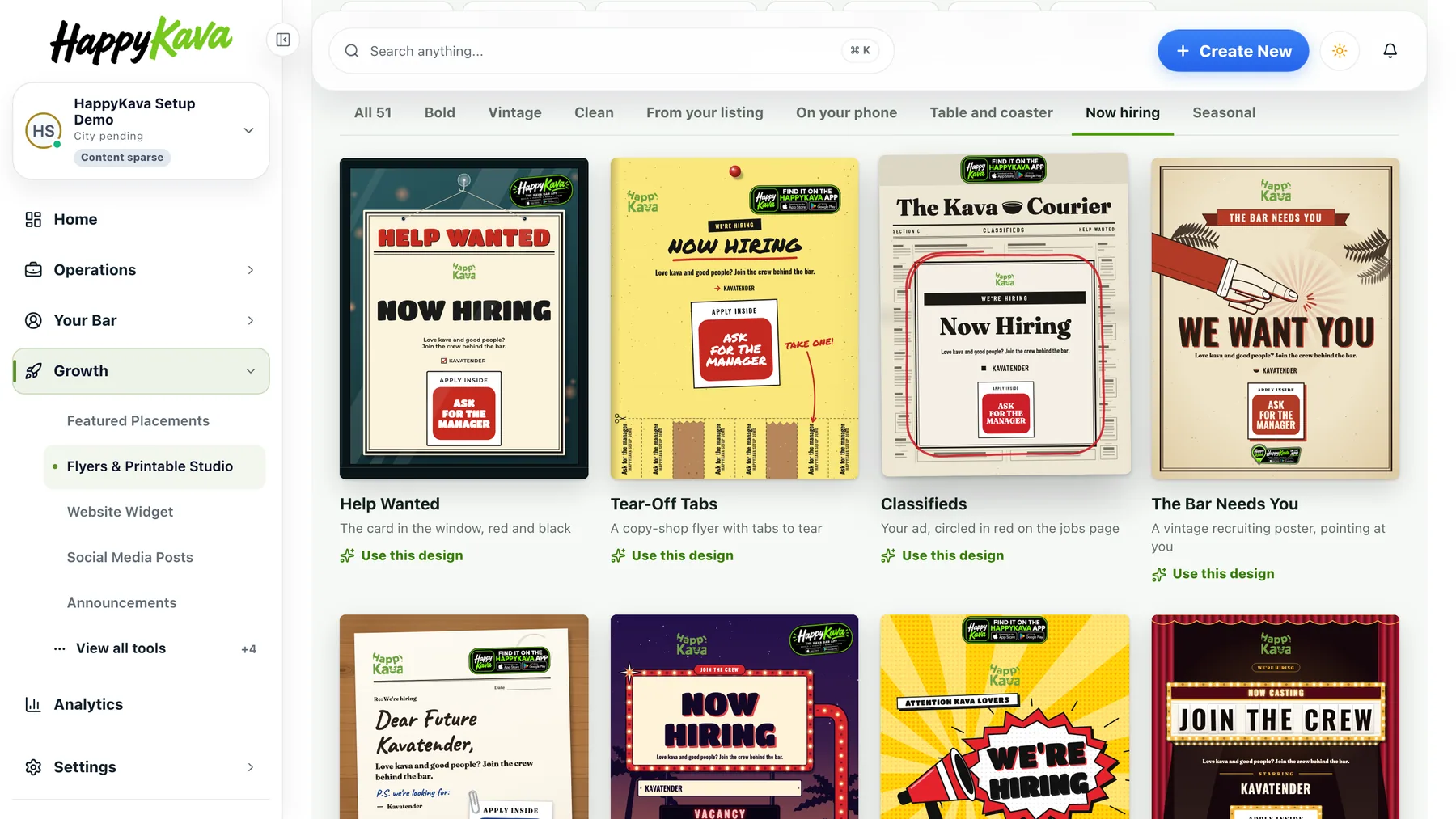 The Now hiring style in the poster gallery: Help Wanted, Tear-Off Tabs, Classifieds and The Bar Needs You
