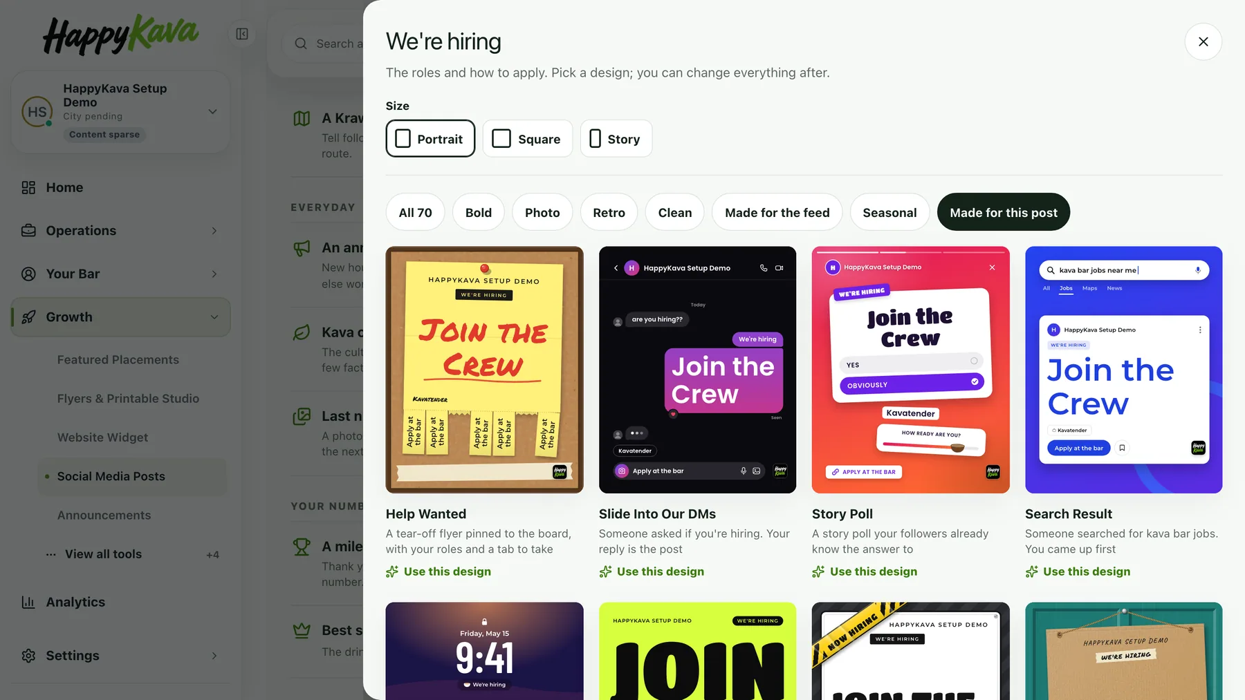 The hiring post picker in Social Studio, with Slide Into Our DMs, Story Poll and Search Result drawn with the name of the bar