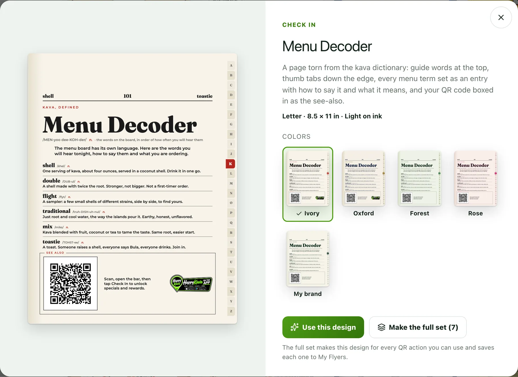 The Menu Decoder poster preview with color choices