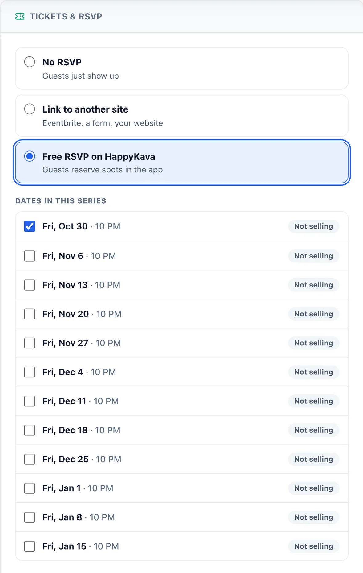 The Dashboard's free RSVP setup showing upcoming dates