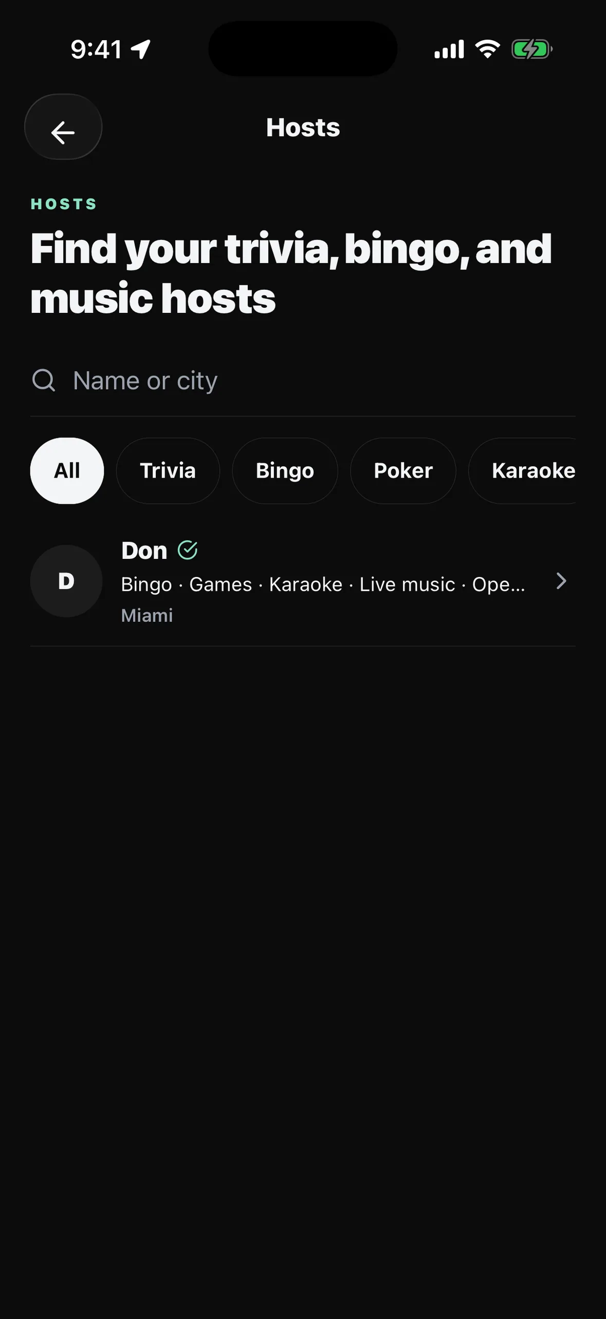 The Hosts directory in the HappyKava app, with type chips and a verified host
