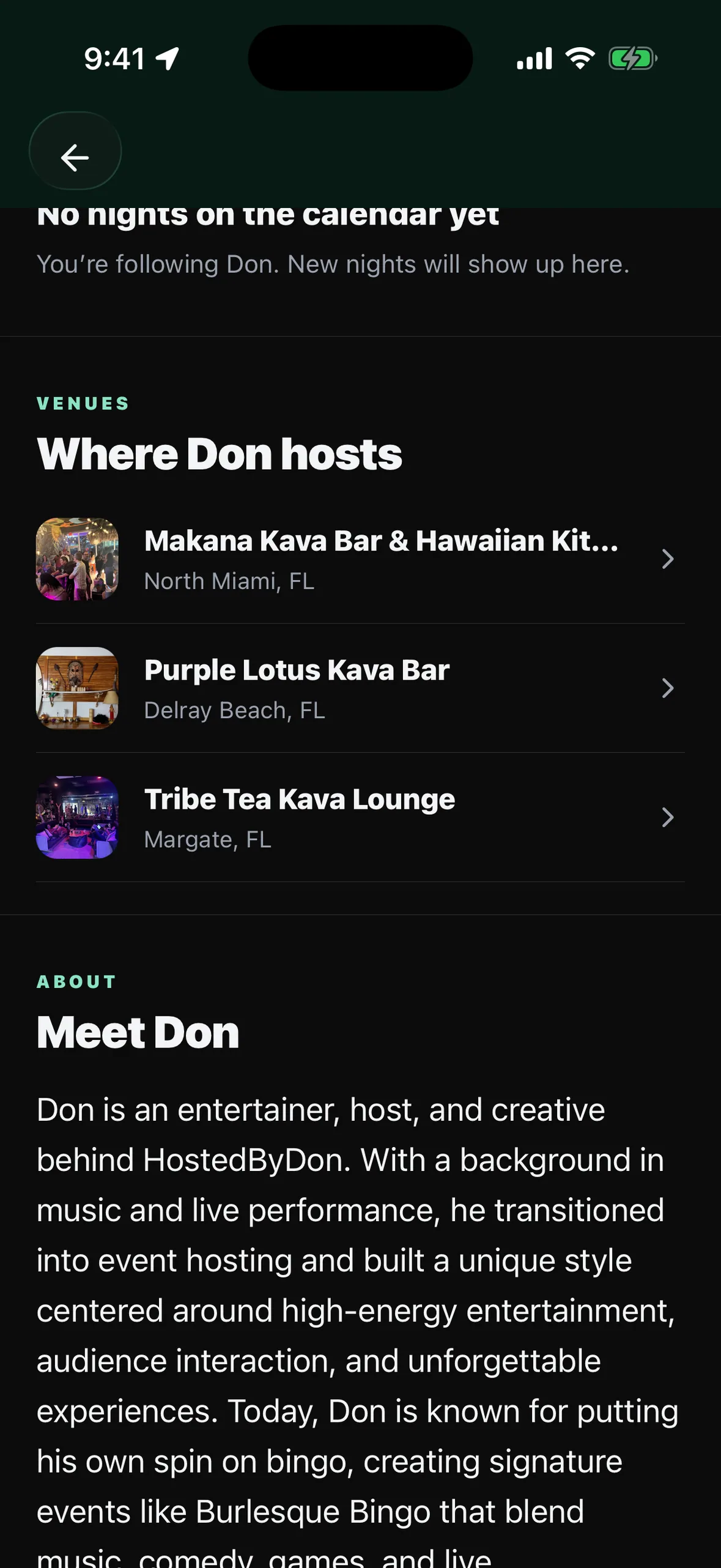 A host's profile in the app, scrolled to the bars where they host