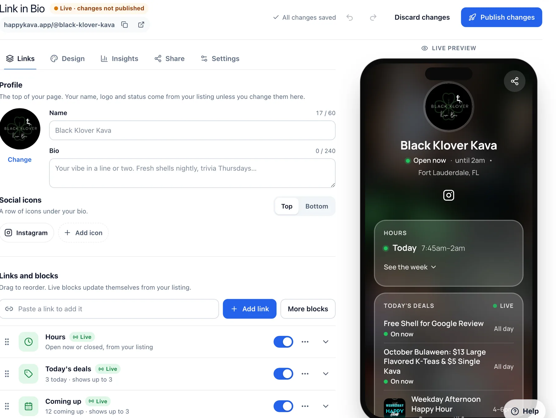 Link in Bio editor with a bar's live page preview