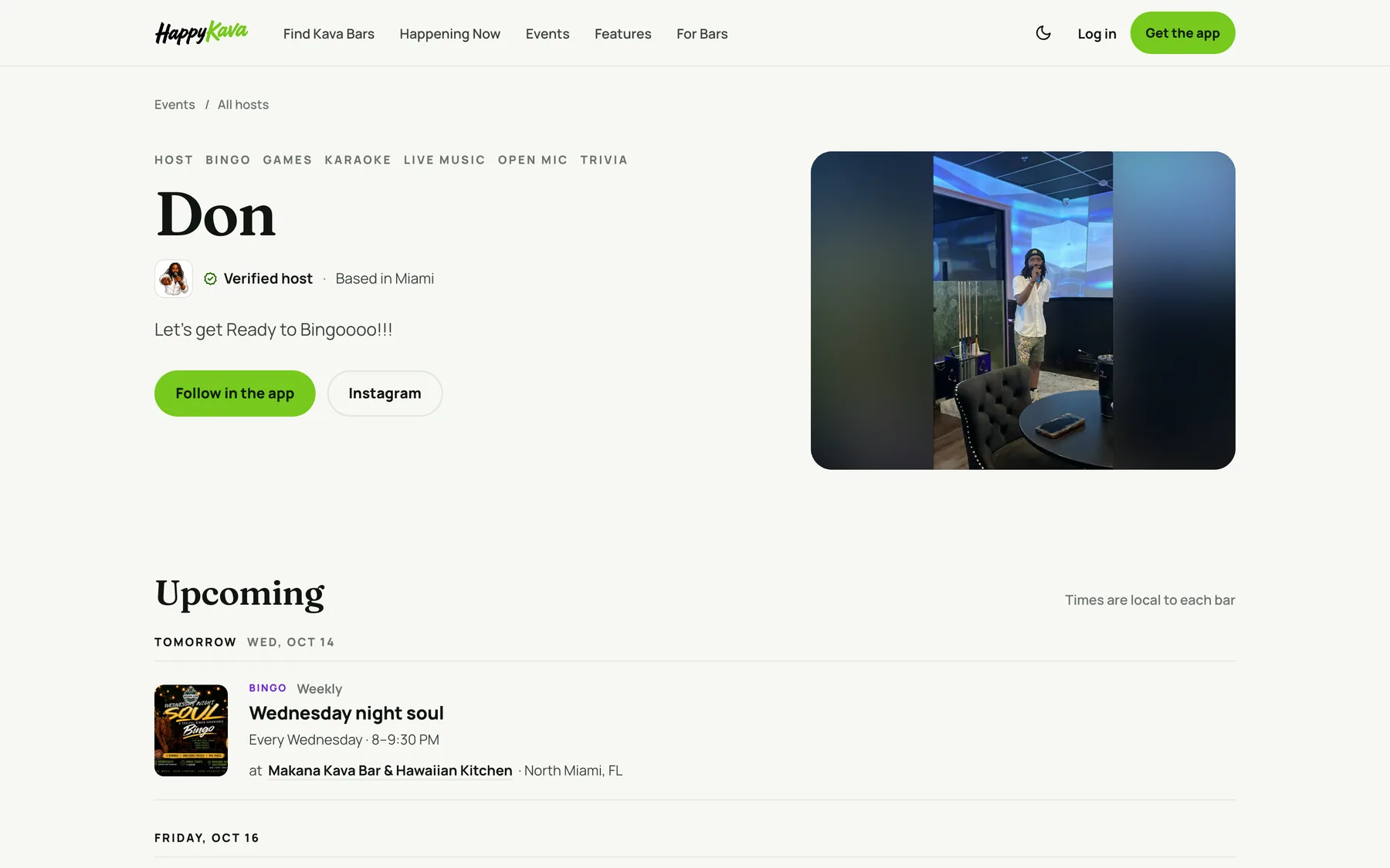 The public host page on happykava.app with the host's upcoming nights and venues