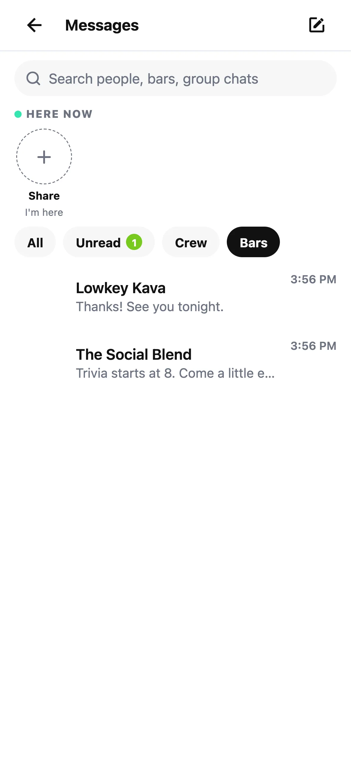 The Messages inbox filtered to example bar conversations
