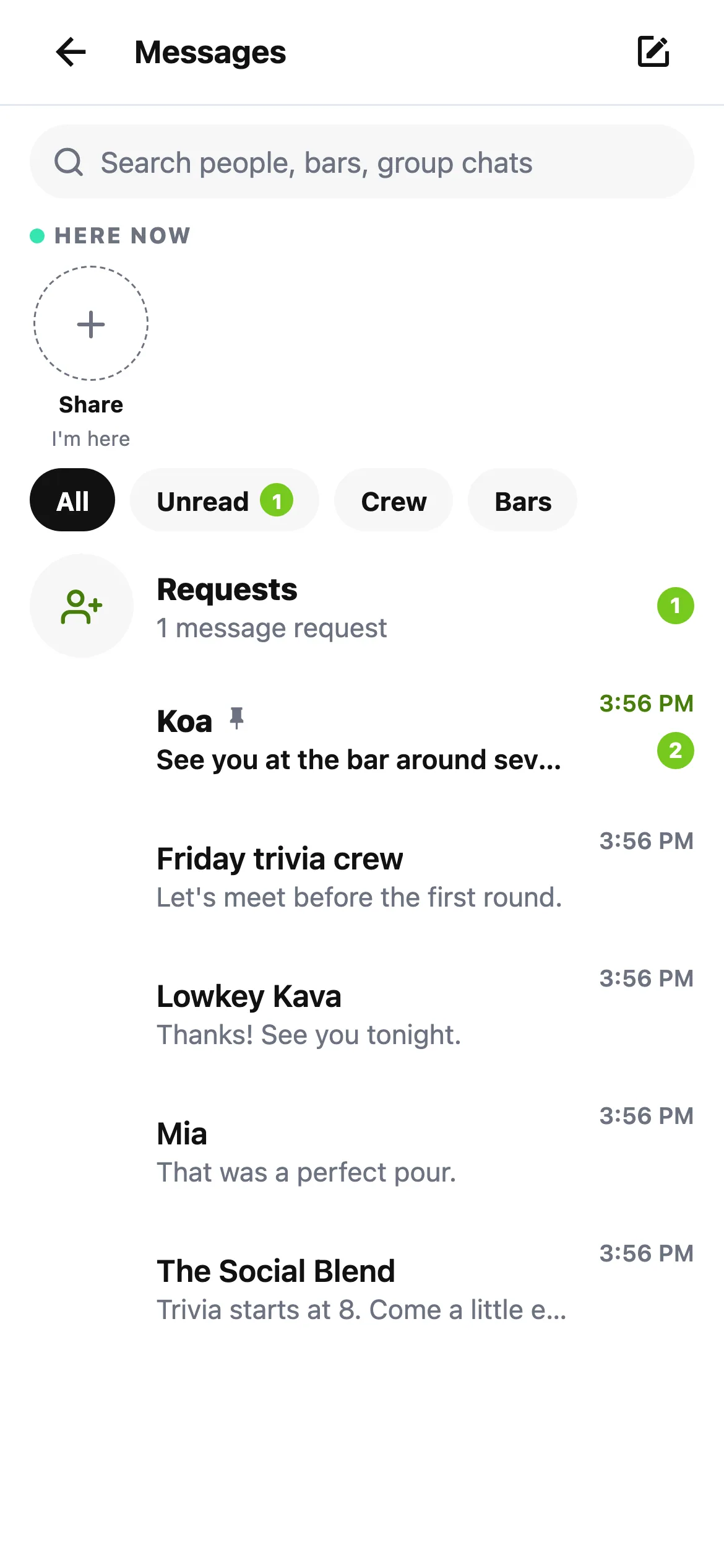 The Messages inbox with example friend, bar and meetup conversations