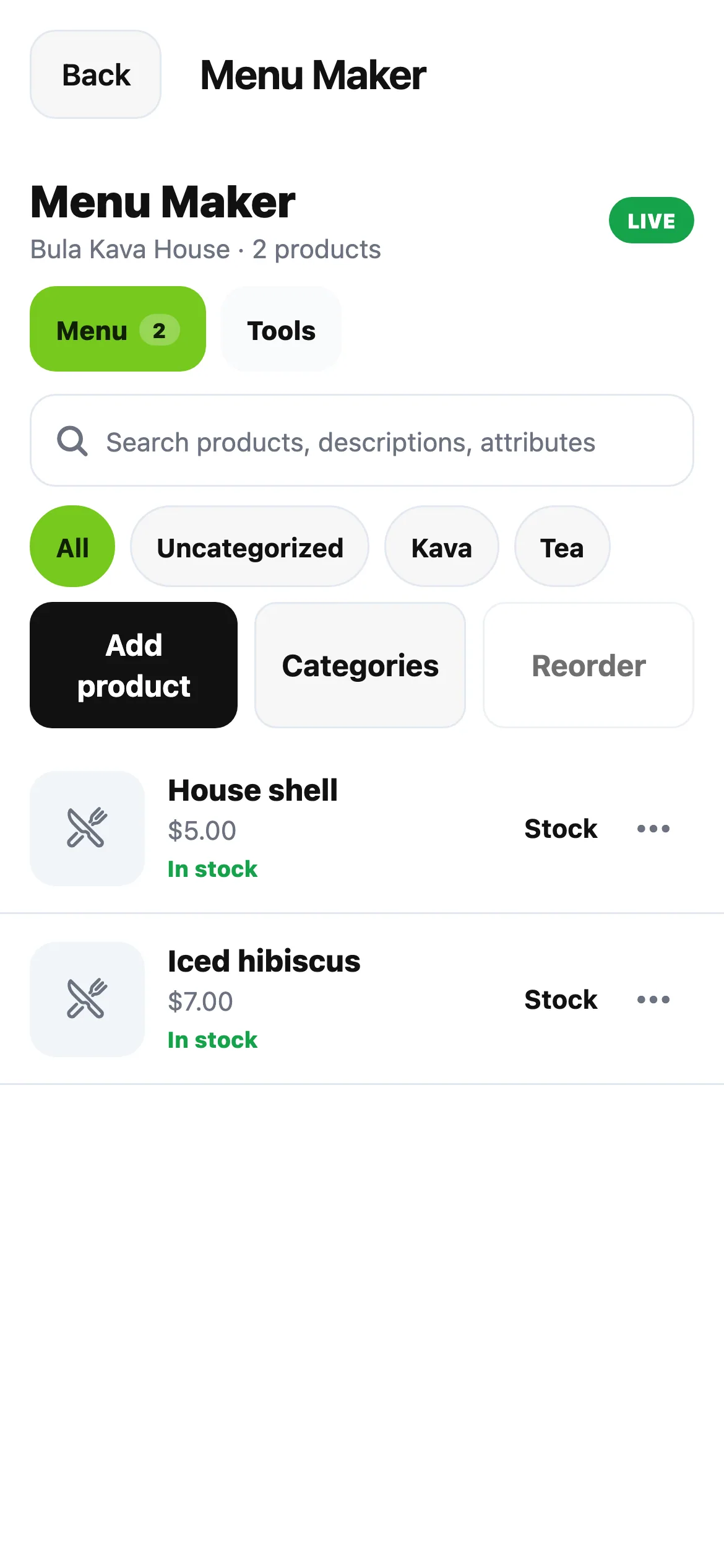 The mobile Menu Maker with demonstration products
