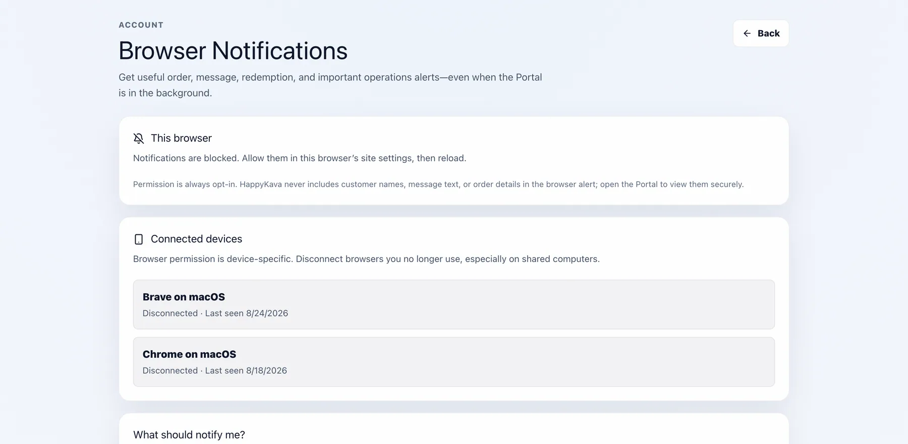 Account › Browser Notifications: this browser, connected devices and what should notify me