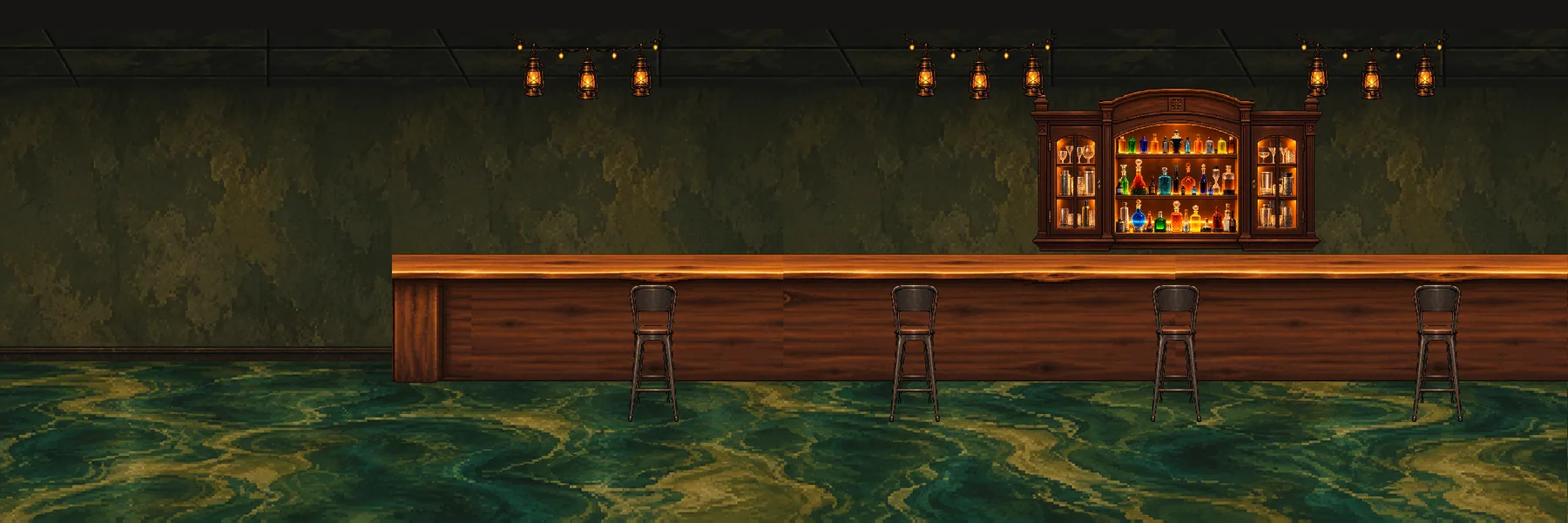 Moon &amp; Root's live-edge bar under hanging lanterns, with its lit cabinet of bottles