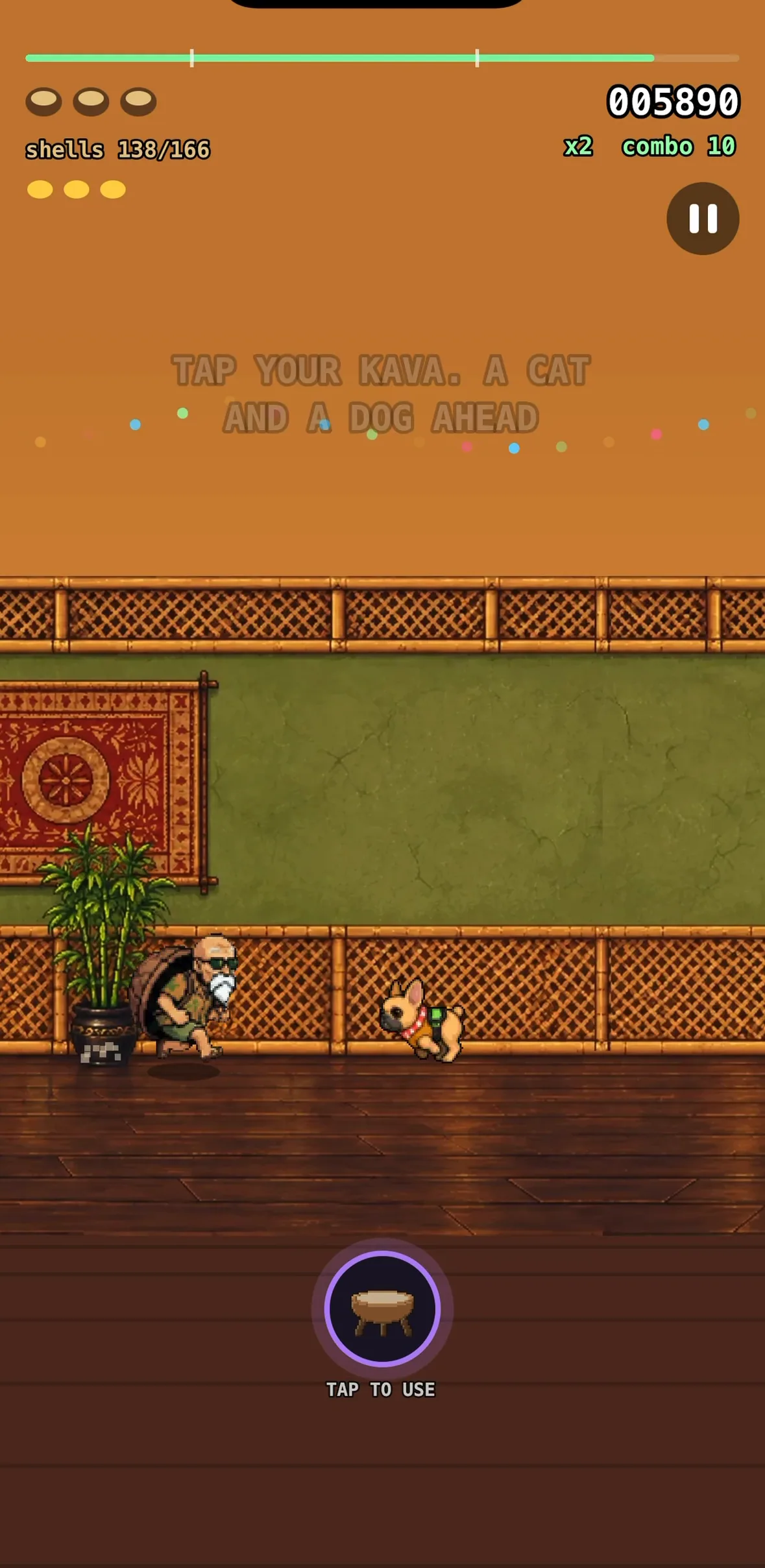 A saved kava in the slot at the bottom of the screen, marked TAP TO USE