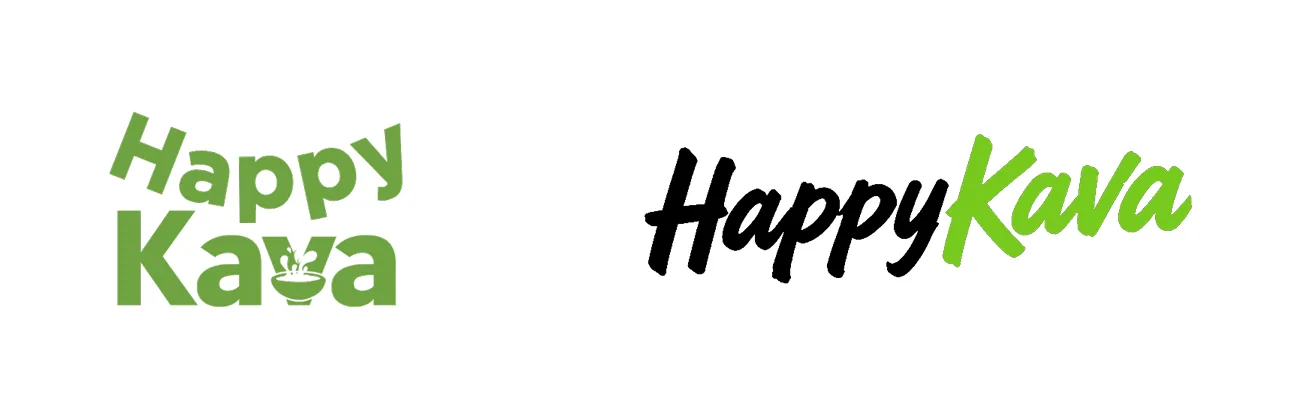 The old green HappyKava logo with a bowl next to the new hand-lettered wordmark