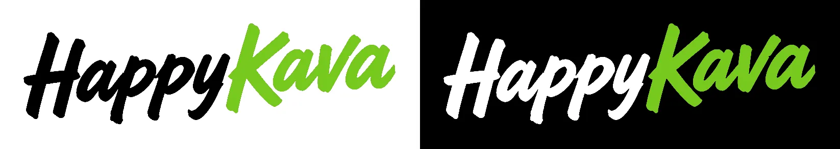 The HappyKava wordmark on white and on black