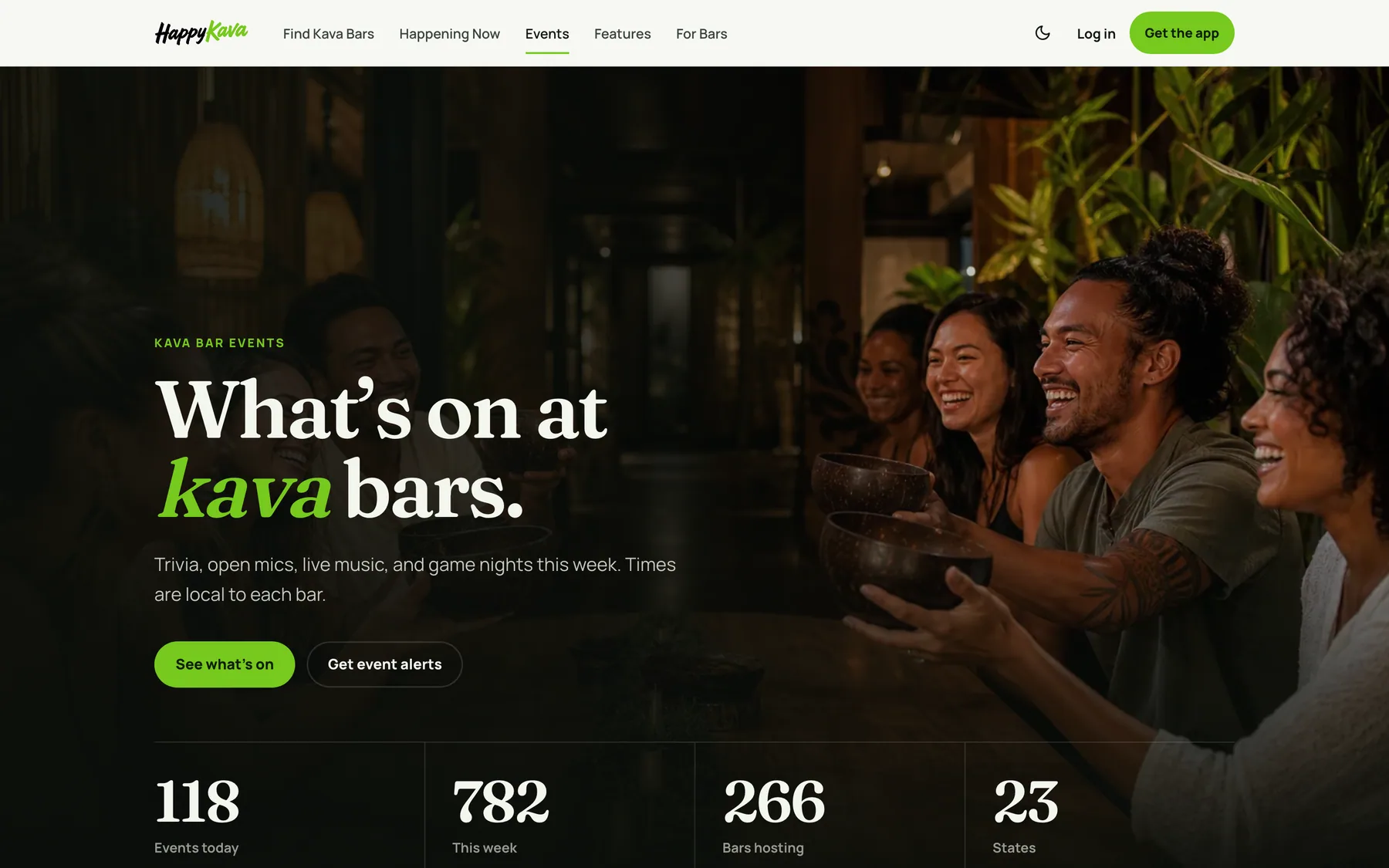 The events explorer on happykava.app with its when, kind and state filters