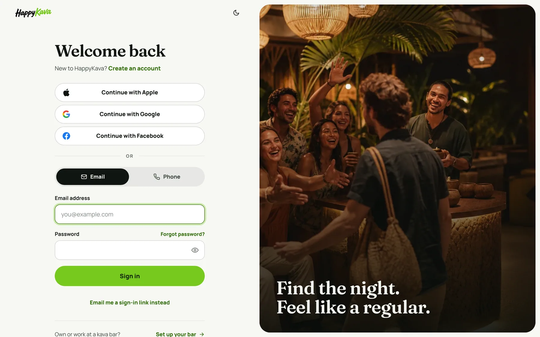 The focused sign-in page on happykava.app