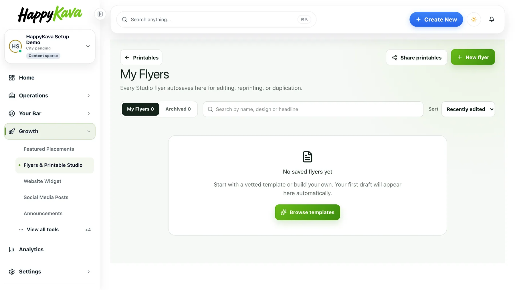 My Flyers: saved flyers as live previews with search, sort and scan counts