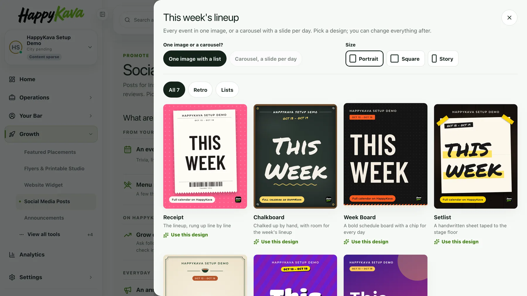 The picker: every design that fits a week's lineup, drawn with the bar's own events