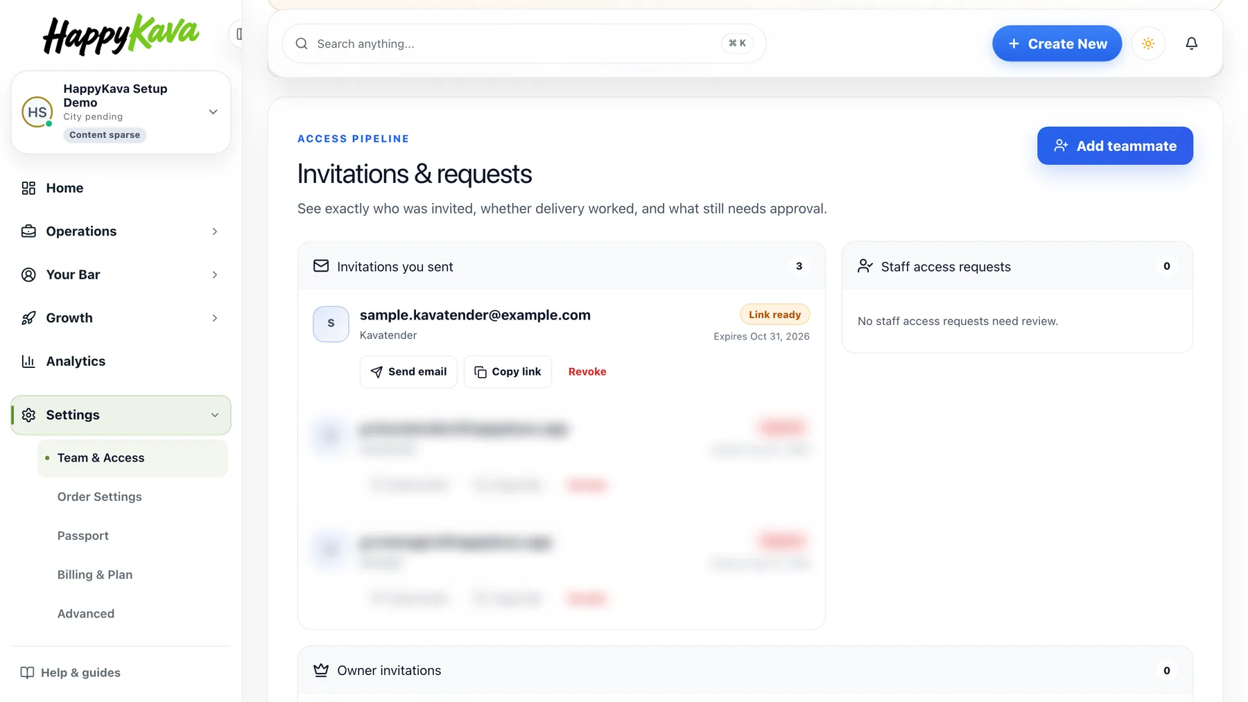 Invitations & requests: a pending Kavatender invitation with Send email, Copy link and Revoke, next to Staff access requests