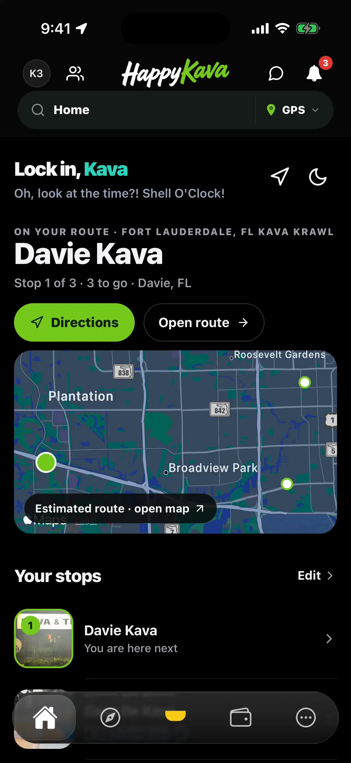 Travel Mode during a Kava Krawl: the next stop, Directions, Open route and the map strip