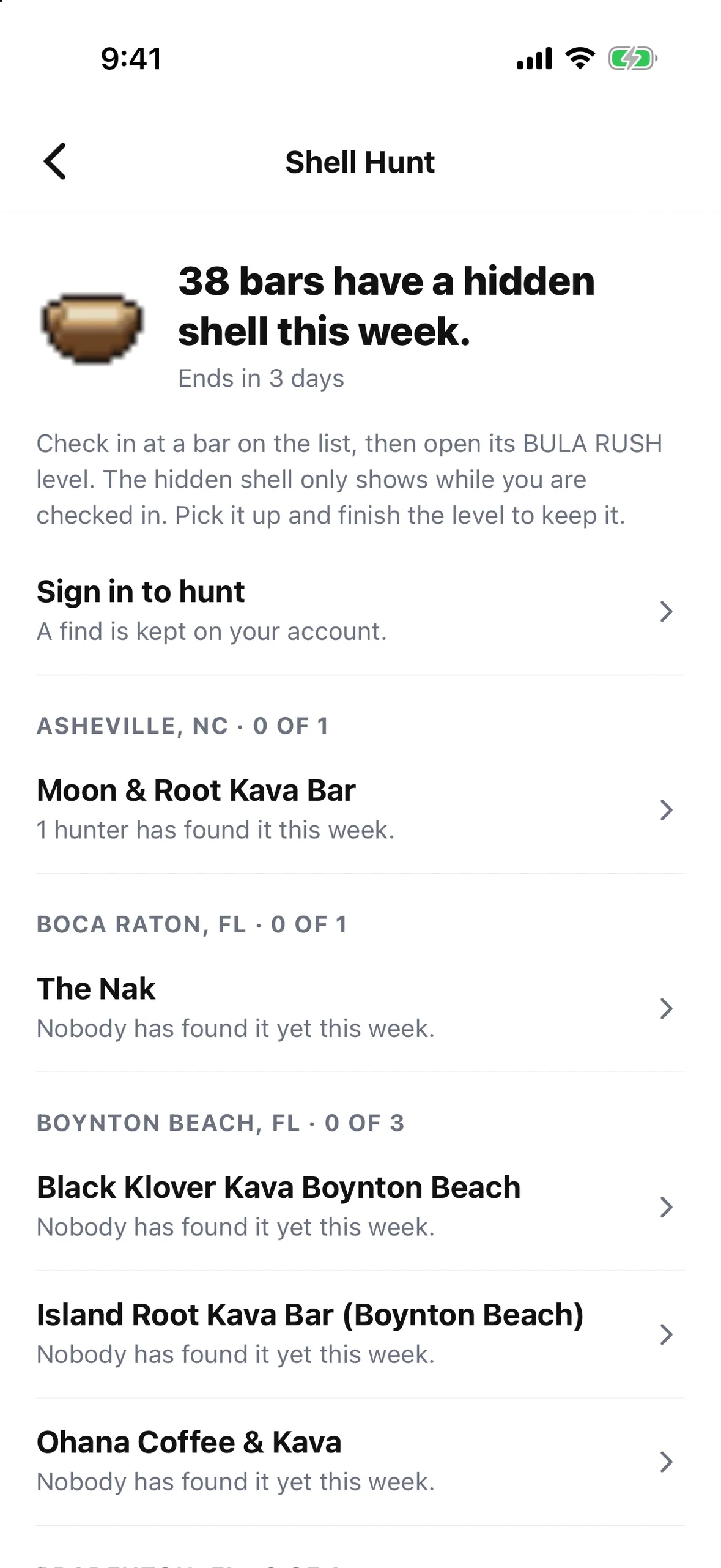 Shell Hunt with participating bars and weekly progress