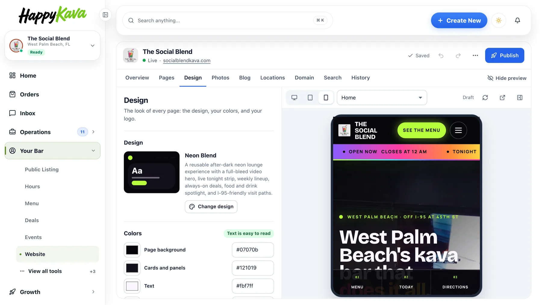 The Design panel beside the phone-width preview: the current design with Change design, and the site's colors