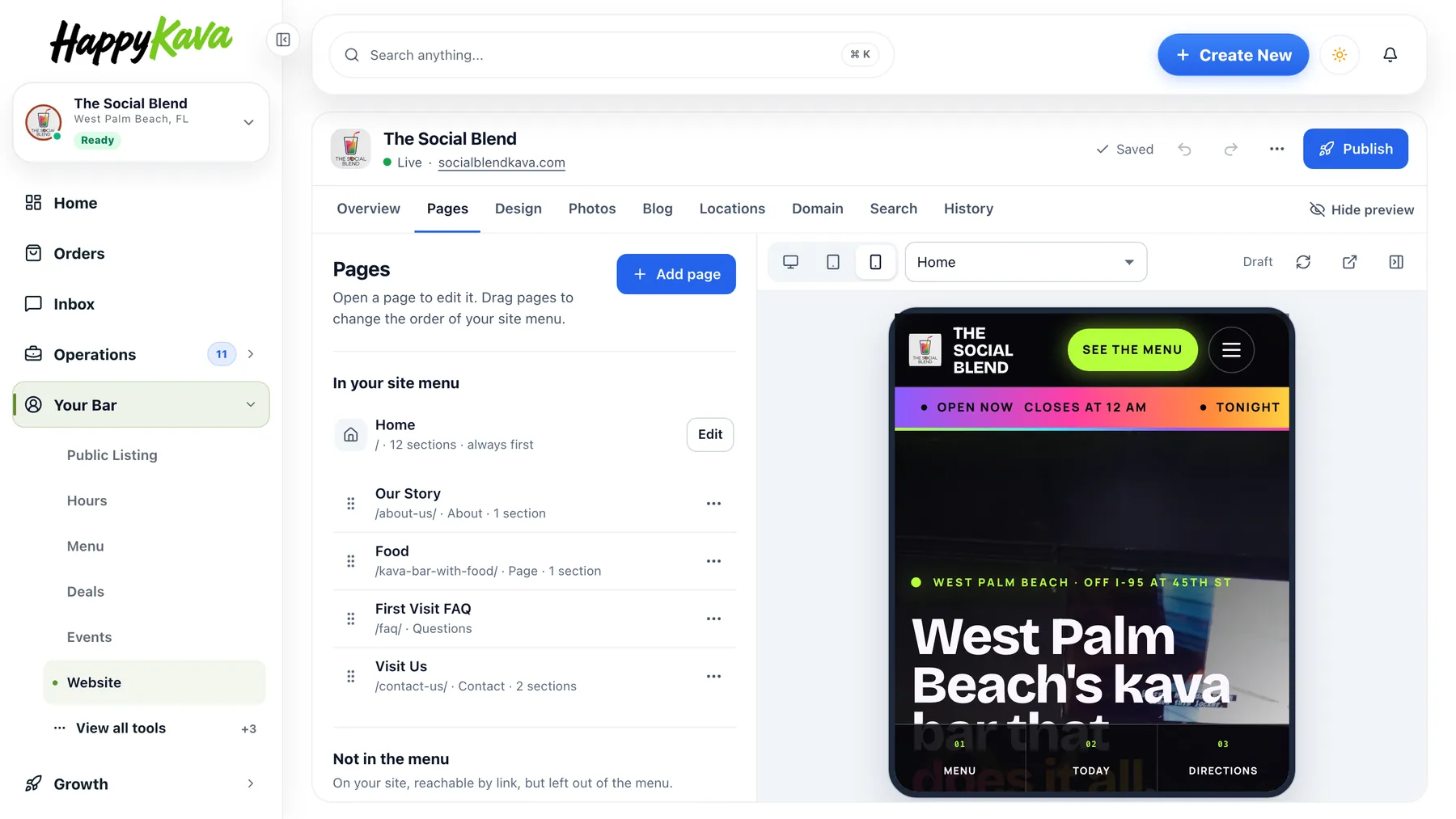 The Pages panel: every page of the site in menu order, with the live preview beside it