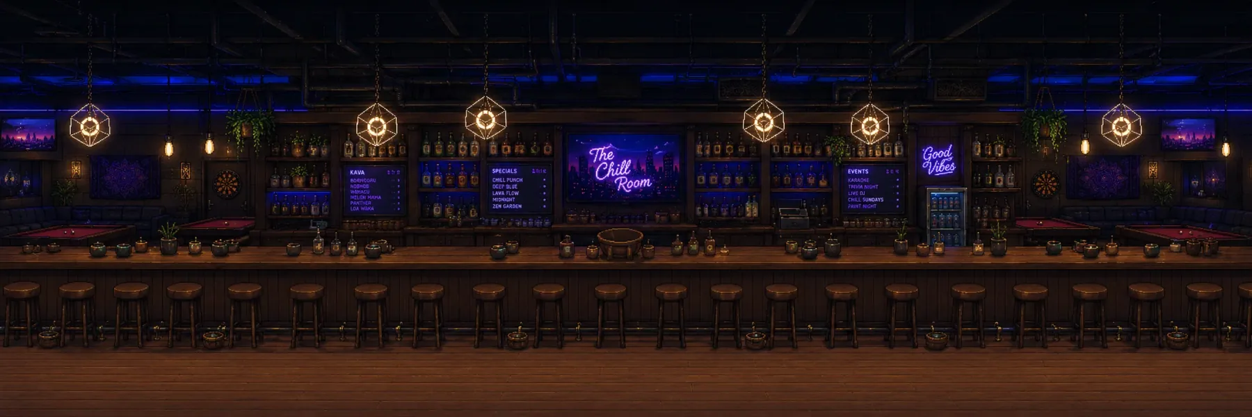 Level art for The Chill Room in Lake Worth, drawn for BULA RUSH: a long wooden bar, neon signs and hanging lamps
