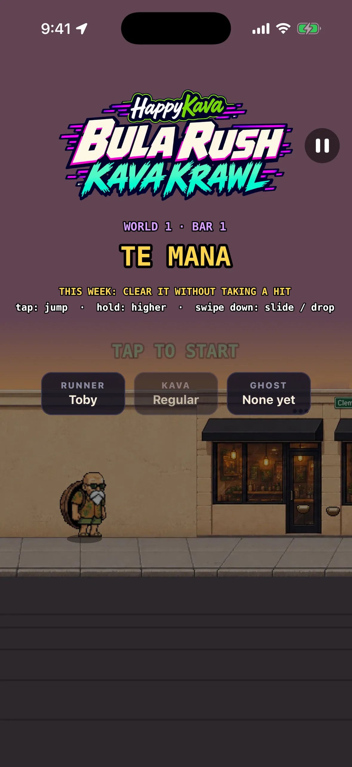 The start card of a BULA RUSH level in the app: World 1, Bar 1, Te Mana, with Toby waiting on the sidewalk